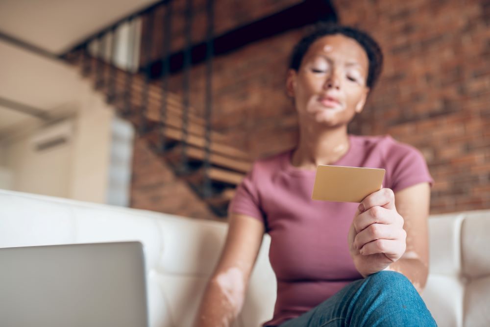 woman looking at card